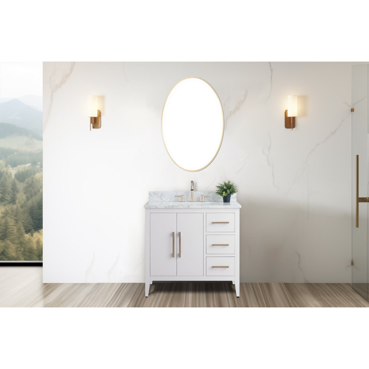 White Poplar Wood Single Sink Bathroom Vanity with Marble Top