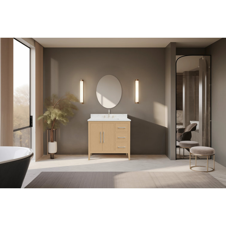 Natural Oak 36" Single Bathroom Vanity with Engineered Marble Top