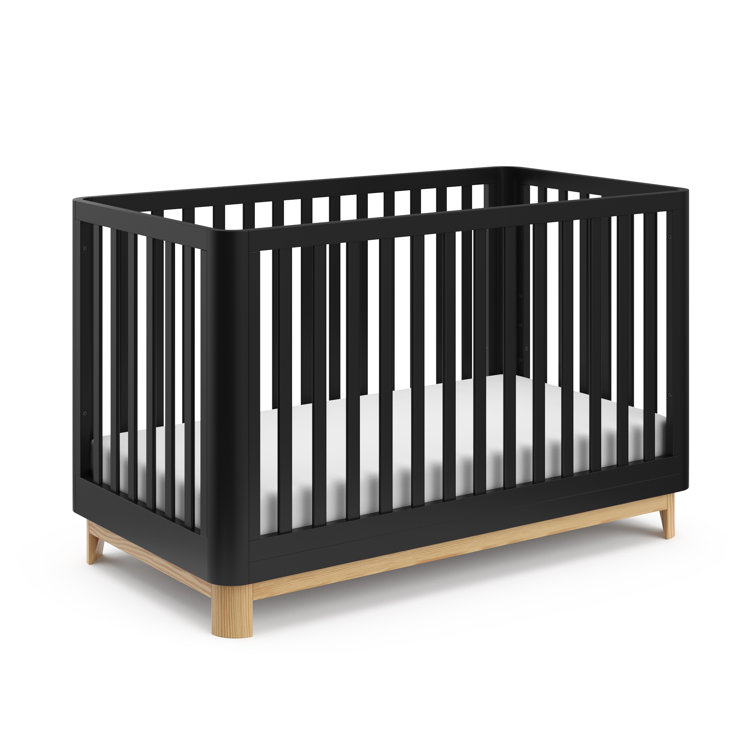 Black and Natural 3-in-1 Convertible Baby Crib with Rounded Posts