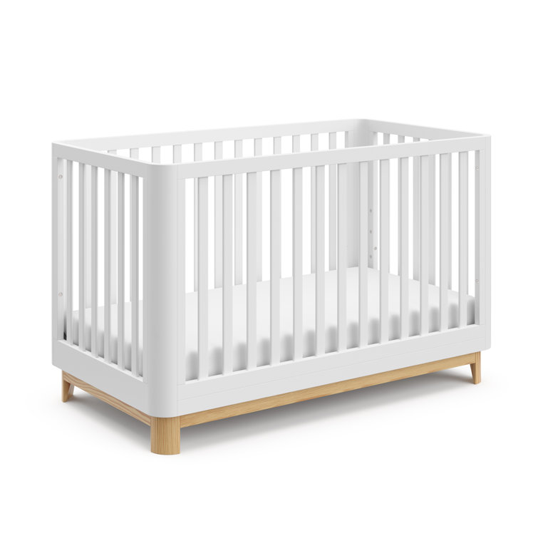 White and Natural 3-in-1 Convertible Crib with Rounded Posts