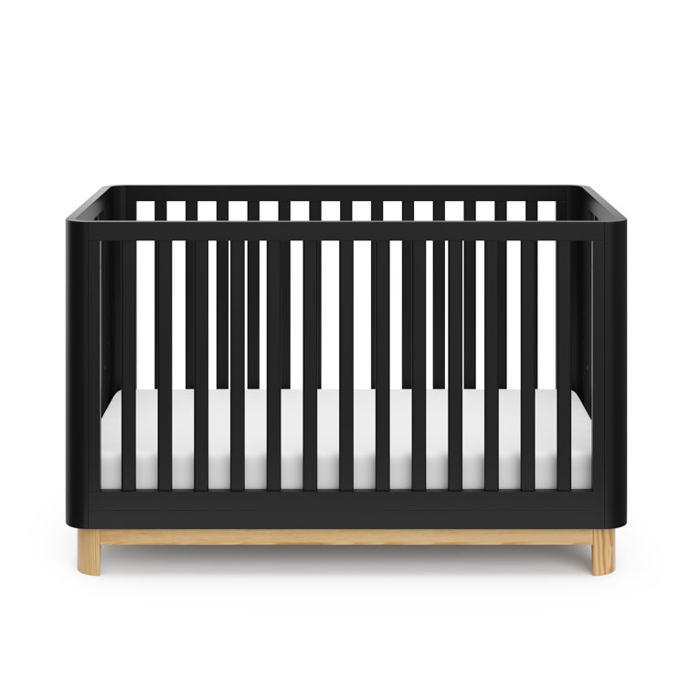 Black and Natural 3-in-1 Convertible Baby Crib with Rounded Posts