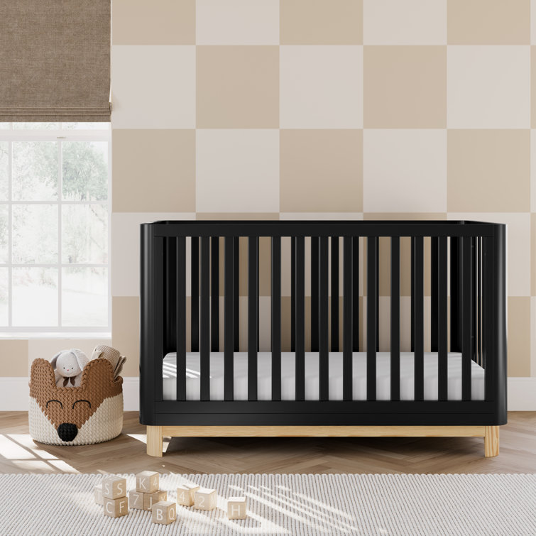 Black and Natural 3-in-1 Convertible Baby Crib with Rounded Posts