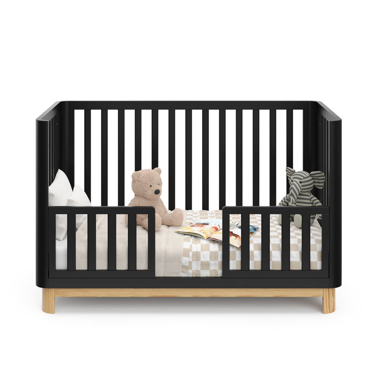 Black and Natural 3-in-1 Convertible Baby Crib with Rounded Posts