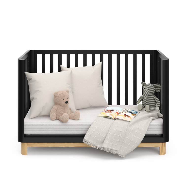 Black and Natural 3-in-1 Convertible Baby Crib with Rounded Posts