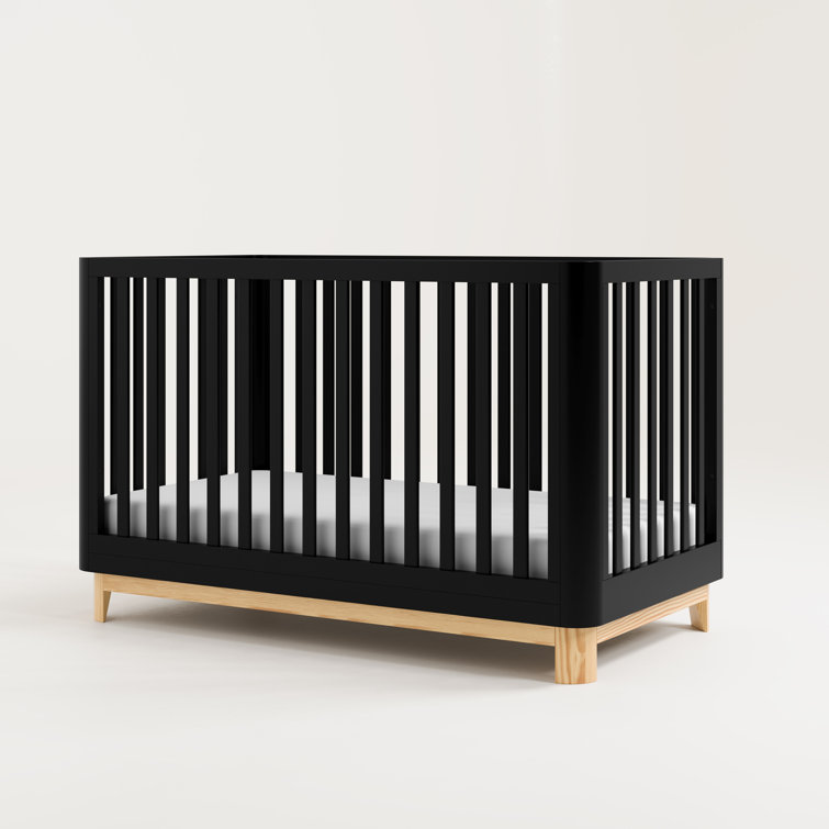 Black and Natural 3-in-1 Convertible Baby Crib with Rounded Posts