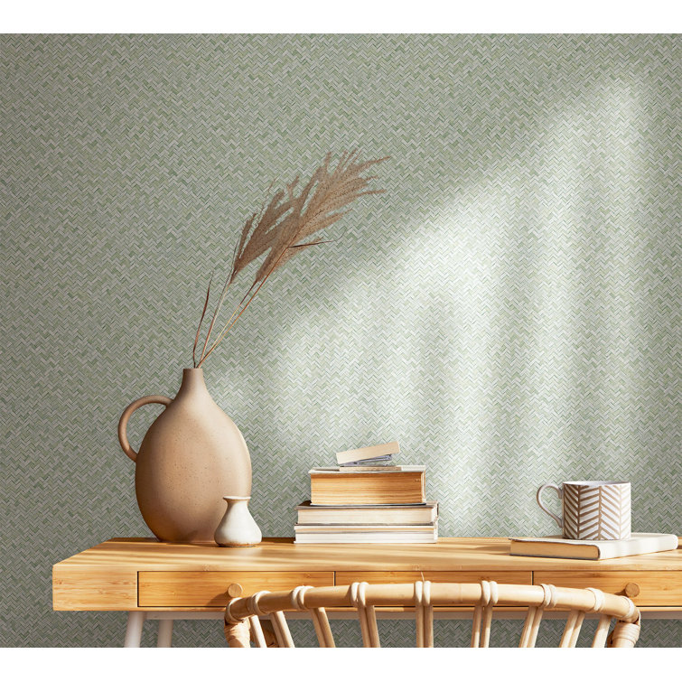 Green Chevron Weave Non-Pasted Vinyl Wallpaper Roll