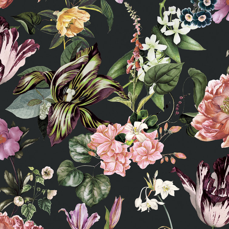 Black Vinyl Floral Wallpaper Roll with Multicolor Flowers