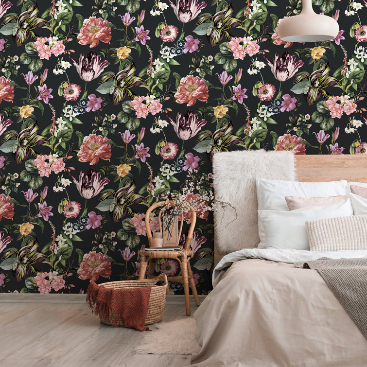 Black Vinyl Floral Wallpaper Roll with Multicolor Flowers
