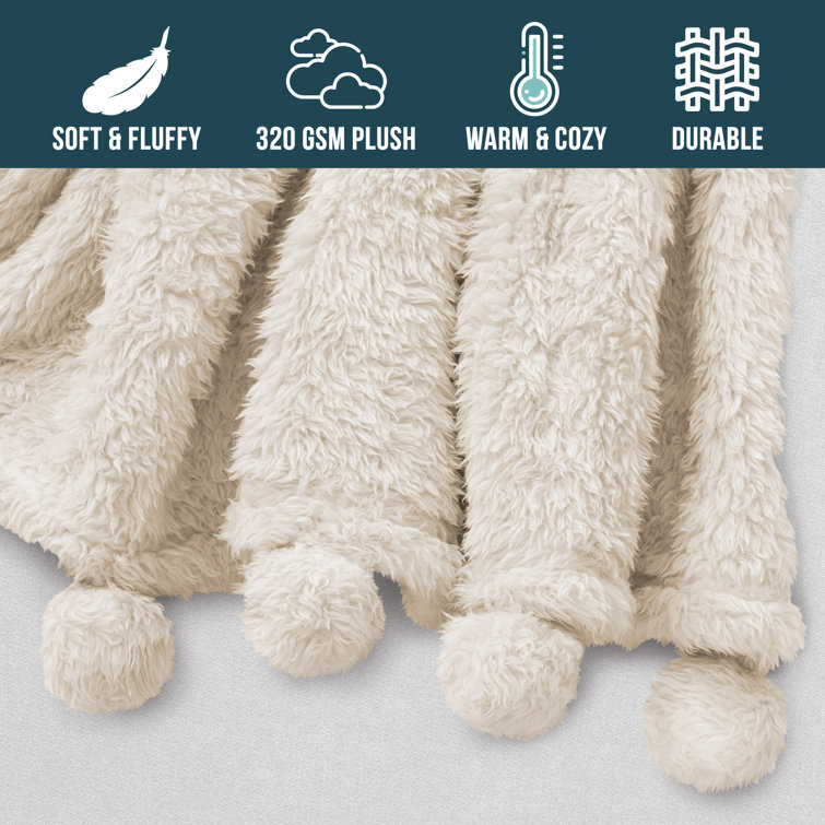 Ivory Cream Sherpa Fleece Throw Blanket with Pom Poms