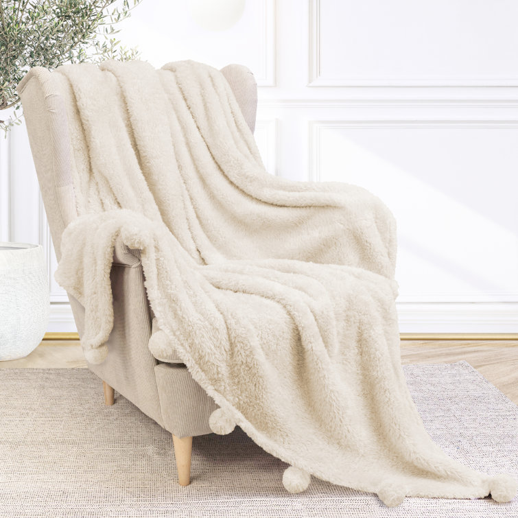Ivory Cream Sherpa Fleece Throw Blanket with Pom Poms