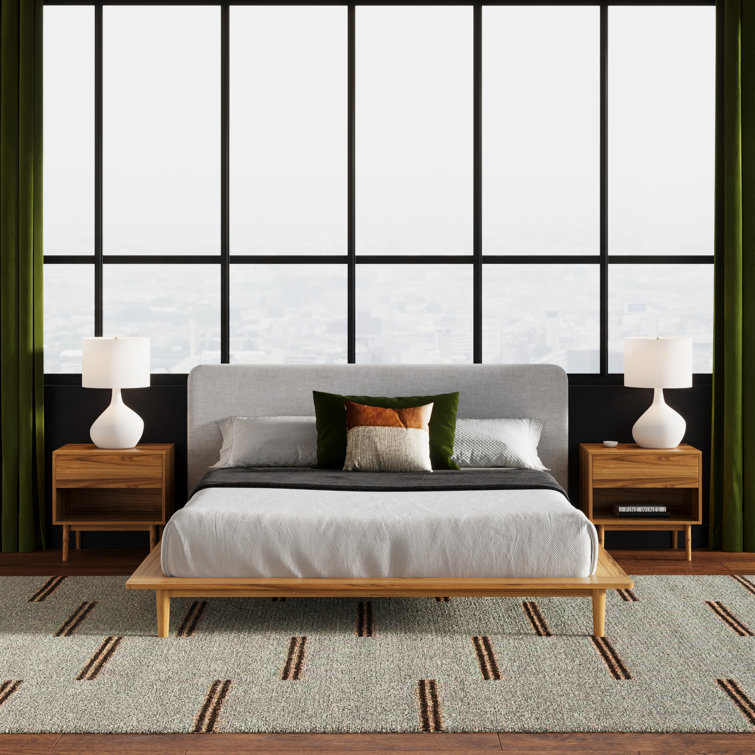 Walnut Queen Upholstered Platform Bed with Linen Headboard