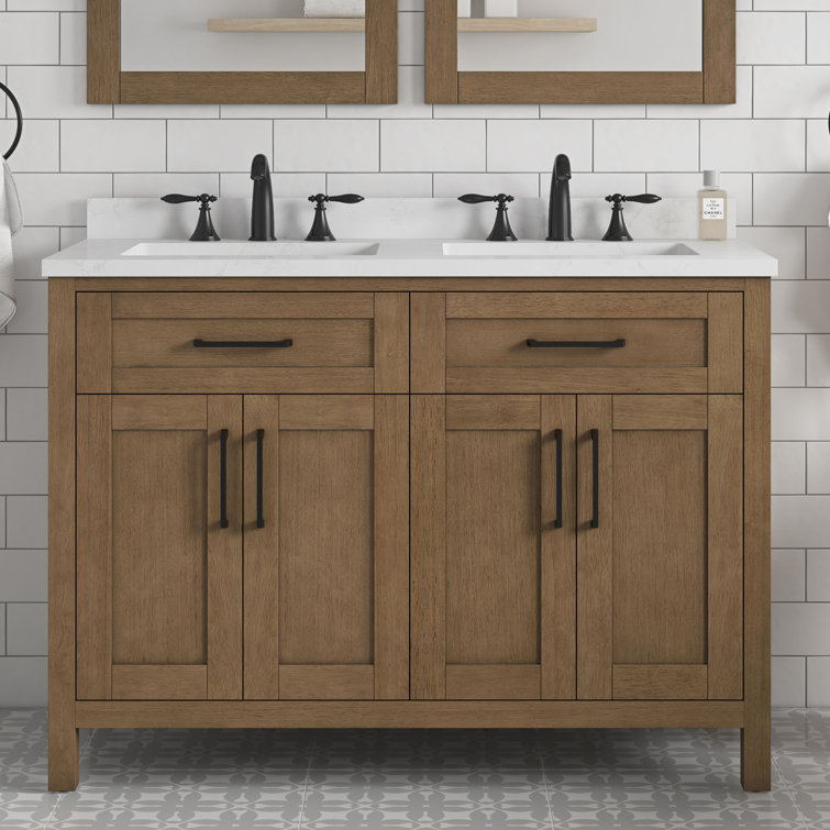 Almond Latte Brushed Double Sink Bathroom Vanity with Matte Black Hardware