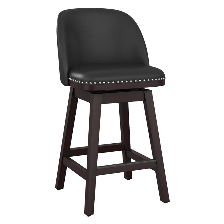 Black Faux Leather Swivel Counter Stools with Nailhead Trim, Set of 4