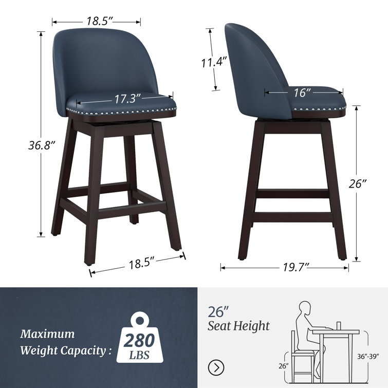 Black Faux Leather Swivel Counter Stools with Nailhead Trim, Set of 4