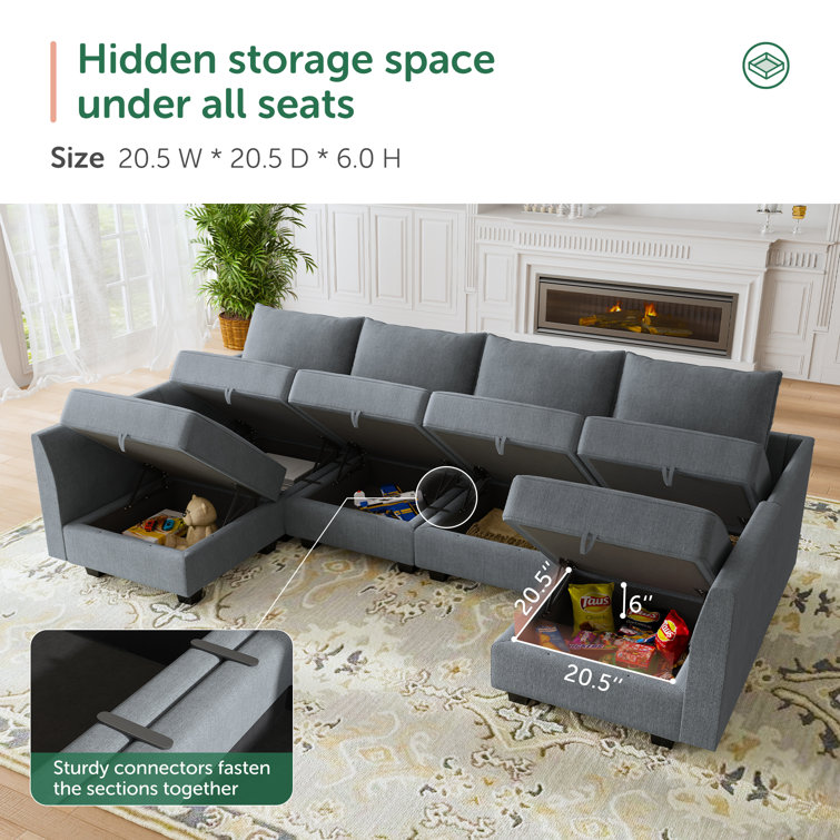 Bluish Gray Fabric 3-Piece Sofa Set with Storage and Removable Cushions