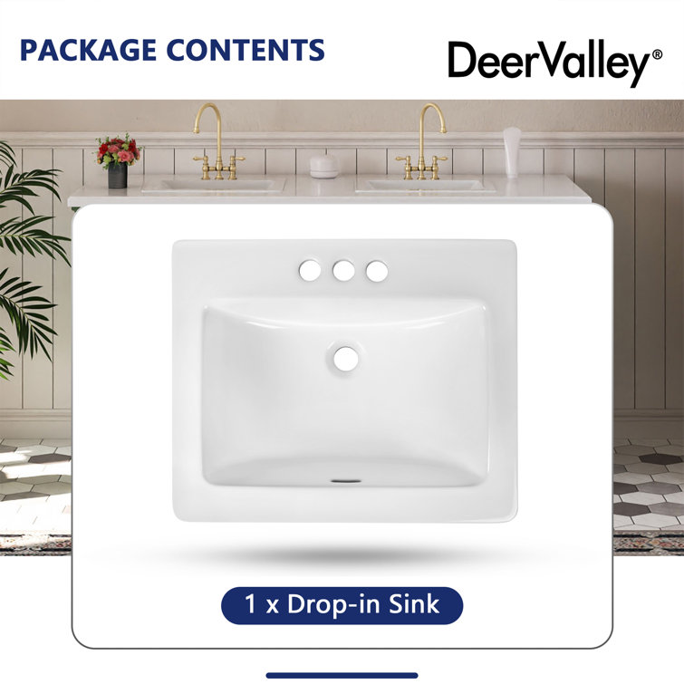 21'' x 18'' White Ceramic Rectangular Drop-In Bathroom Sink