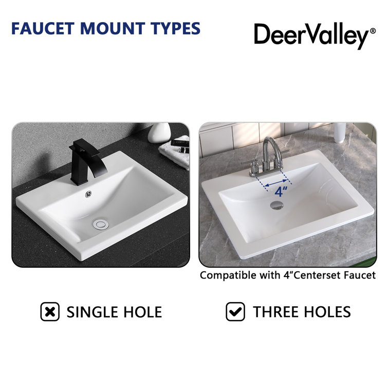 21'' x 18'' White Ceramic Rectangular Drop-In Bathroom Sink
