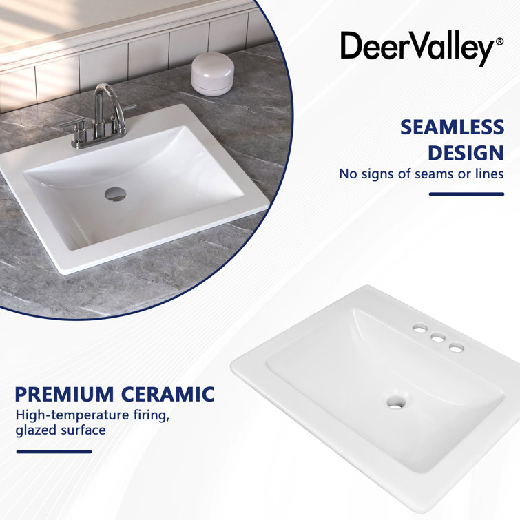 21'' x 18'' White Ceramic Rectangular Drop-In Bathroom Sink