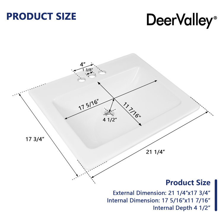 21'' x 18'' White Ceramic Rectangular Drop-In Bathroom Sink