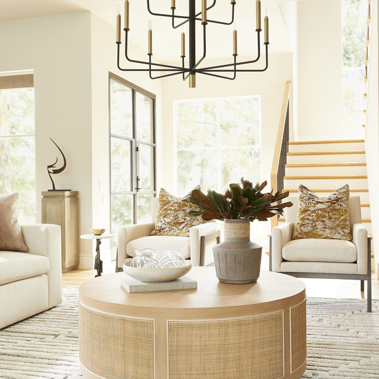 Round Oak and Rattan Outdoor Coffee Table