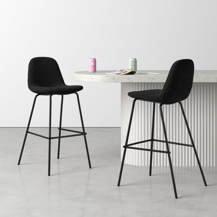 Black Boucle Upholstered Counter Stools with Metal Frame, Set of 2