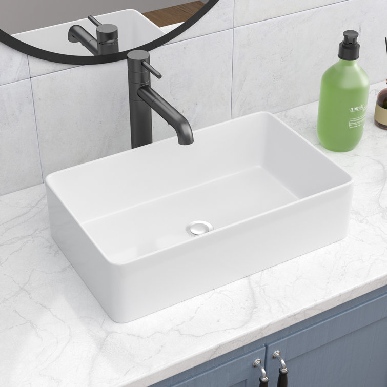 Glossy White Ceramic Rectangular Bathroom Sink
