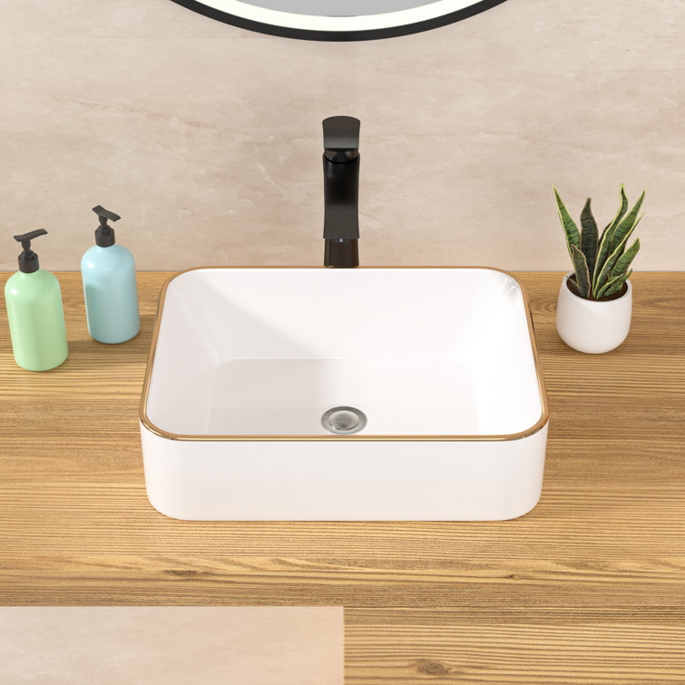19" White Ceramic Rectangular Vessel Sink with Gold Rim