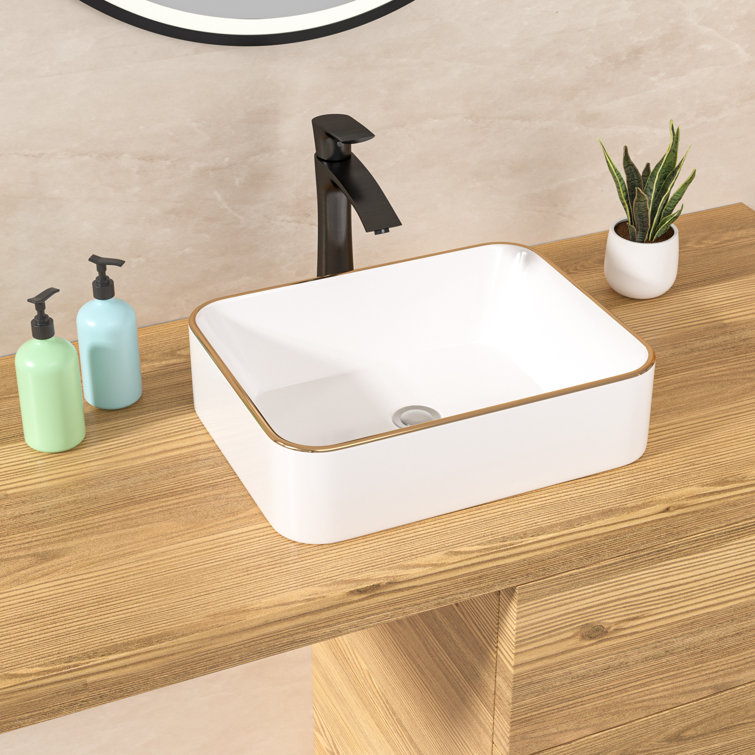 19" White Ceramic Rectangular Vessel Sink with Gold Rim