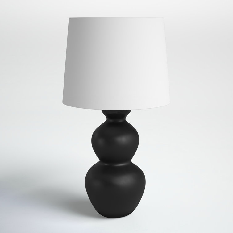 Satin Black Sculptural Table Lamp with White Linen Shade