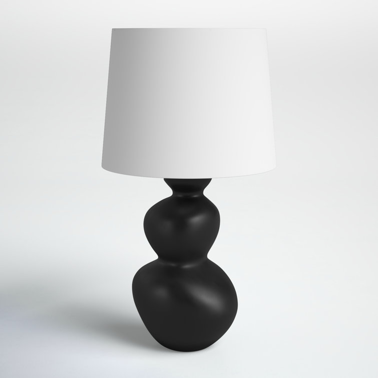 Satin Black Sculptural Table Lamp with White Linen Shade
