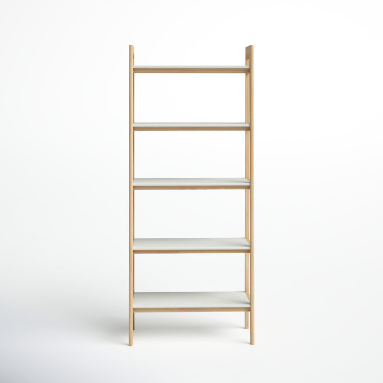 Parker Mid-Century Solid Wood and MDF Ladder Bookcase in Off-White/Natural