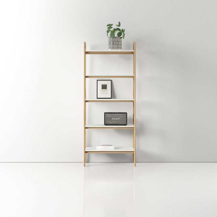 Parker Mid-Century Solid Wood and MDF Ladder Bookcase in Off-White/Natural