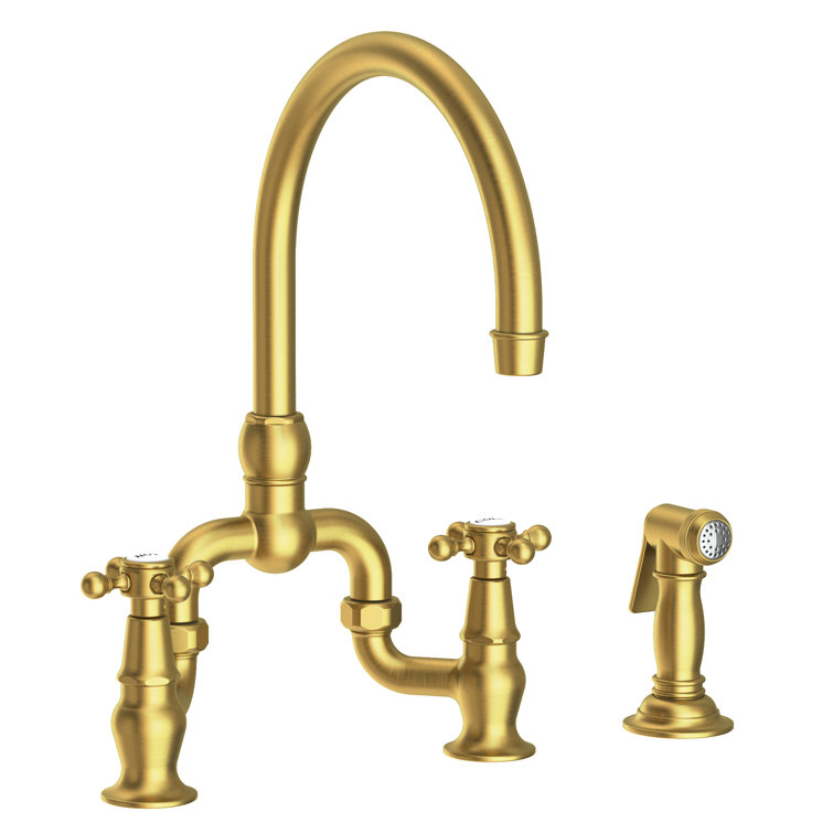 Satin Brass Traditional Kitchen Bridge Faucet with Side Spray