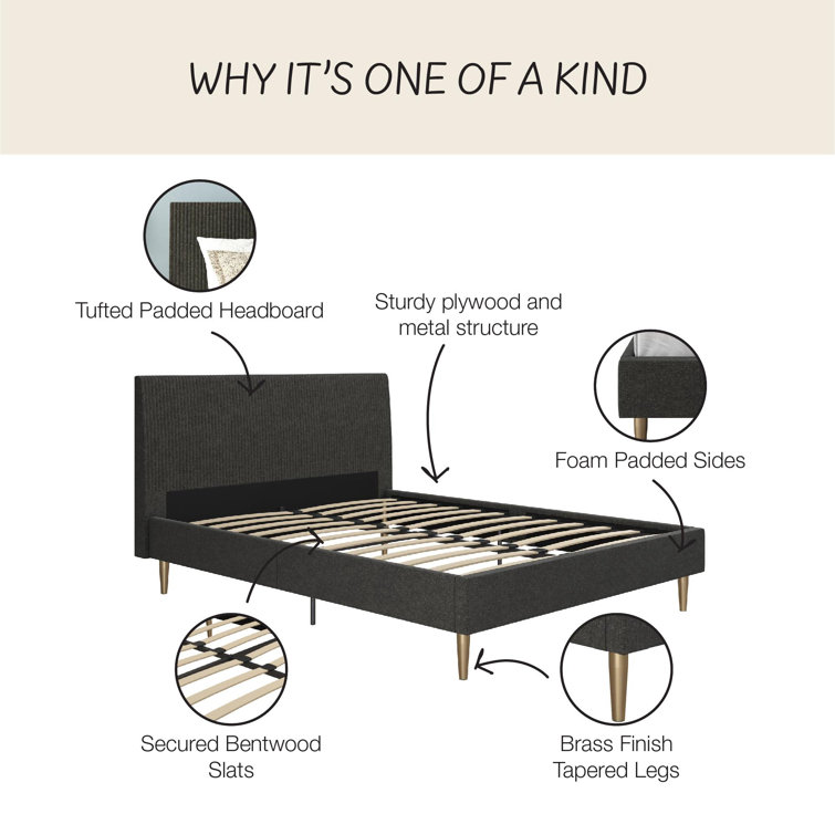 Daphne Dark Gray Linen Queen Upholstered Platform Bed with Brass Legs