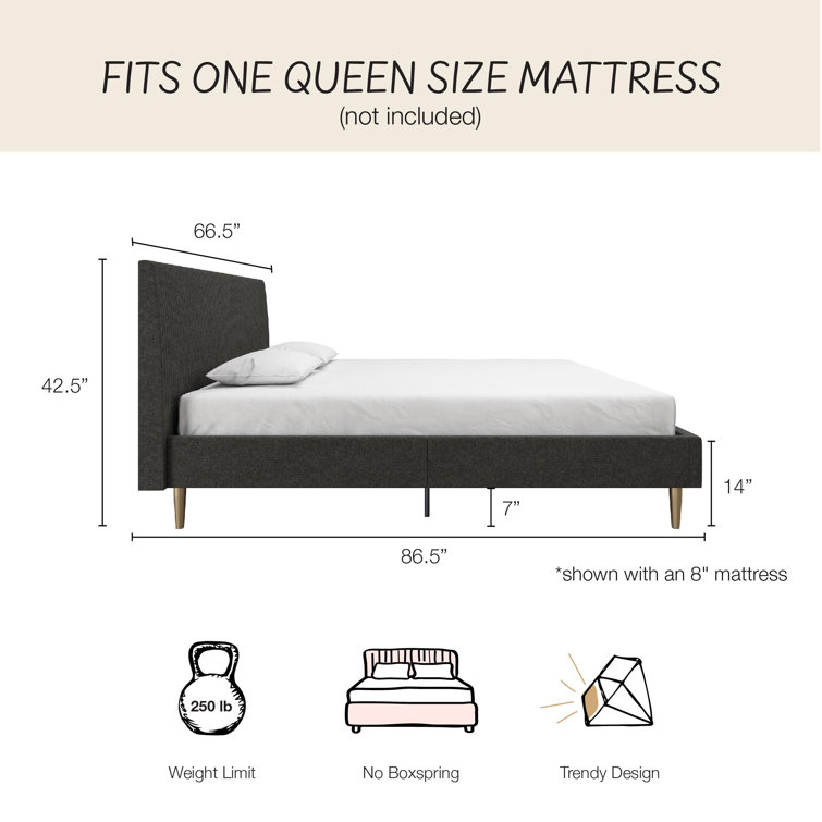 Daphne Dark Gray Linen Queen Upholstered Platform Bed with Brass Legs