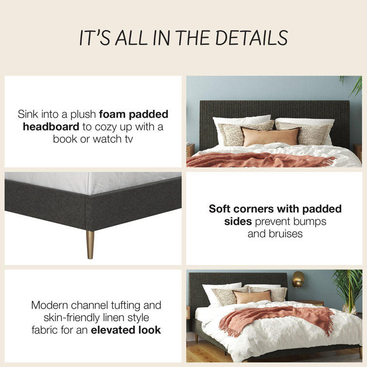 Daphne Dark Gray Linen Queen Upholstered Platform Bed with Brass Legs