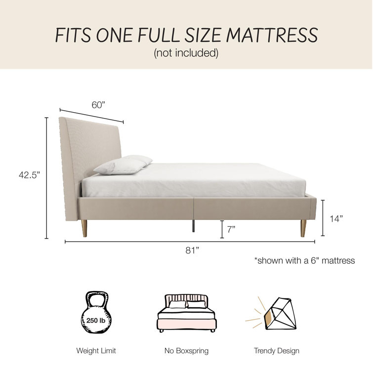 Ivory Velvet Full Upholstered Bed with Tufted Headboard and Slats