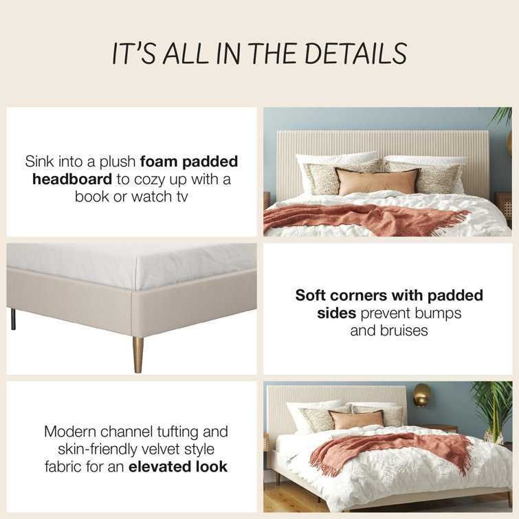 Ivory Velvet Full Upholstered Bed with Tufted Headboard and Slats