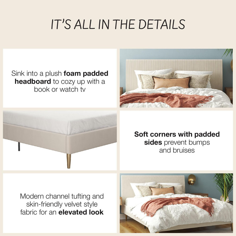 Ivory Velvet Queen Upholstered Platform Bed with Tufted Headboard