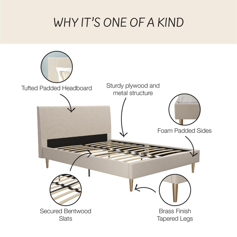 Ivory Velvet Queen Upholstered Platform Bed with Tufted Headboard