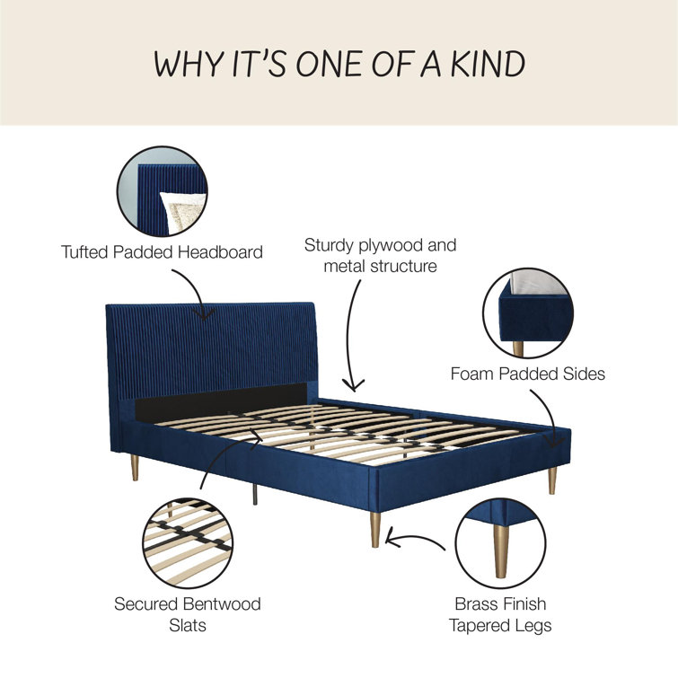Serene Blue Velvet Queen Platform Bed with Tufted Headboard