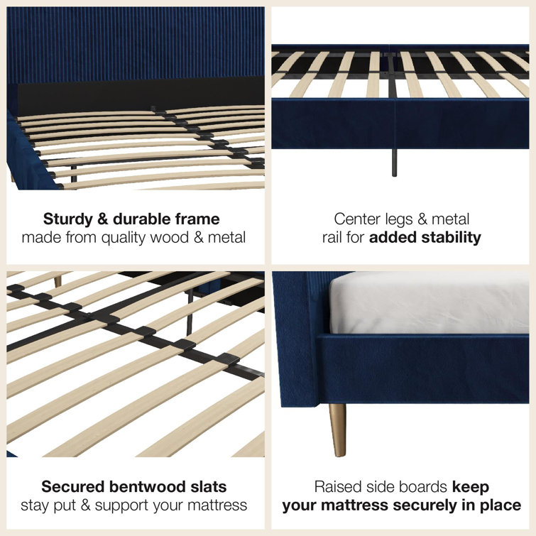 Serene Blue Velvet Queen Platform Bed with Tufted Headboard