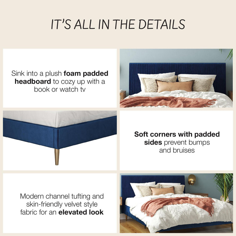 Serene Blue Velvet Queen Platform Bed with Tufted Headboard