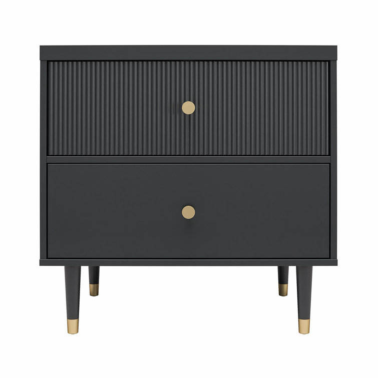 Black MDF Nightstand with Brass Handles and Ribbed Drawer