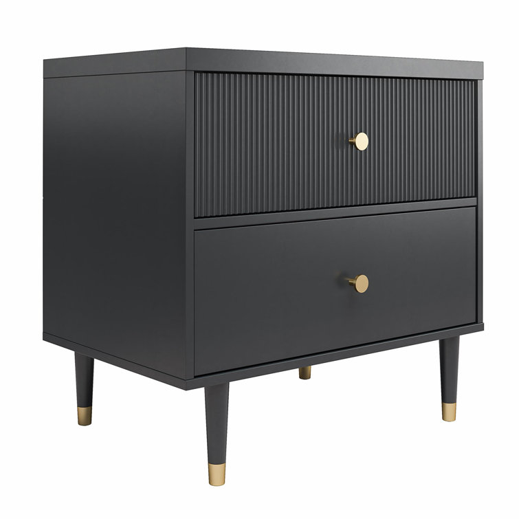 Black MDF Nightstand with Brass Handles and Ribbed Drawer