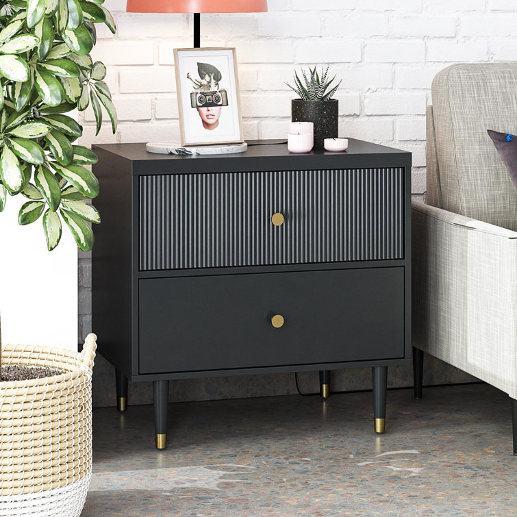 Black MDF Nightstand with Brass Handles and Ribbed Drawer