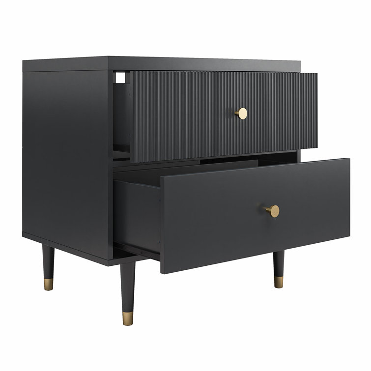 Black MDF Nightstand with Brass Handles and Ribbed Drawer