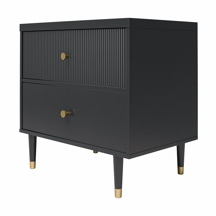 Black MDF Nightstand with Brass Handles and Ribbed Drawer
