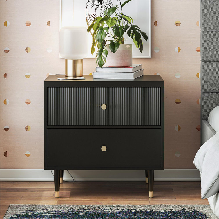 Black MDF Nightstand with Brass Handles and Ribbed Drawer