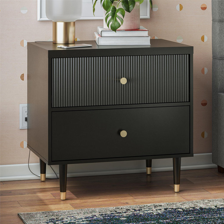 Black MDF Nightstand with Brass Handles and Ribbed Drawer